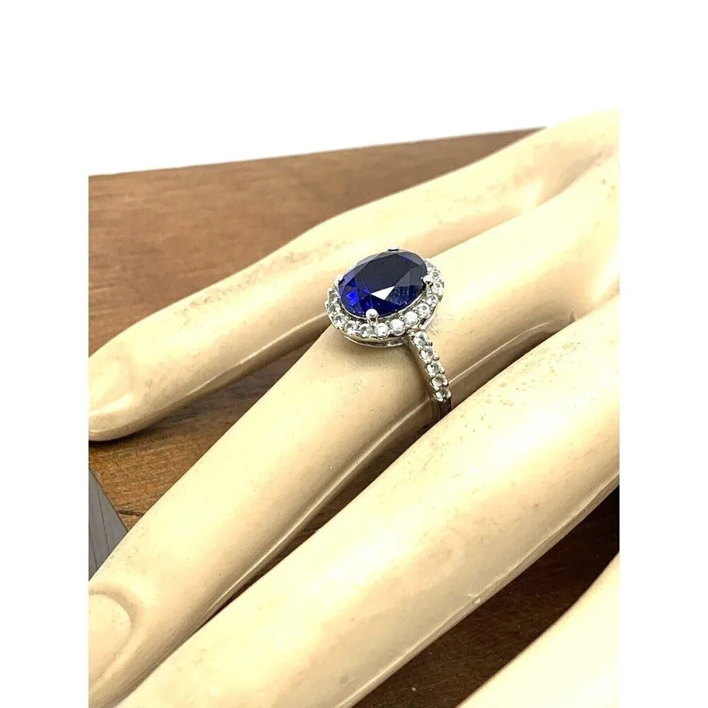 Engagement Ring 10k White Gold Blue Oval Cubic Zirconia Women's Jewelry …
